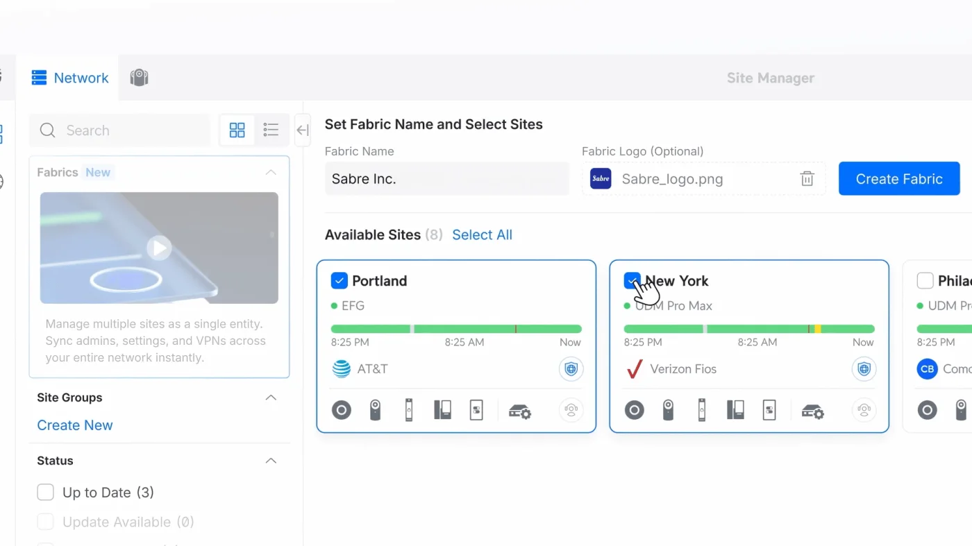 Panel del nuevo Site Manager de UniFi con la Fabric unificada